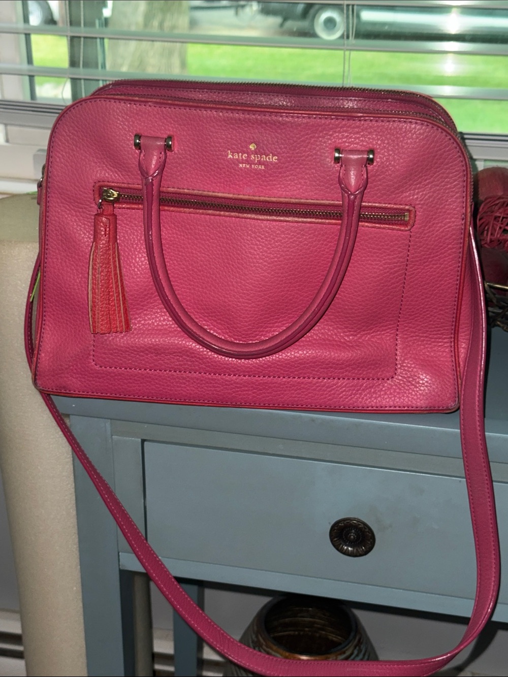 Authentic kate spade 2-way Hot Pink Leather cross body satchel with Tassel